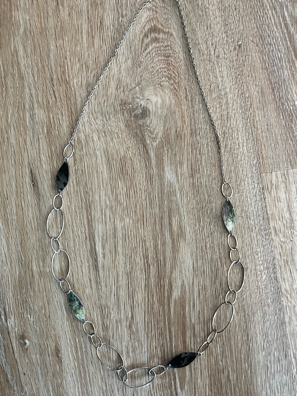 Lia Sophia Silver Link Necklace with Black and Iridescent Accents 19” Long